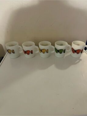 Vintage Anchor Hocking Fire King Butterfly Mug Set of 5 Orange Yellow Green